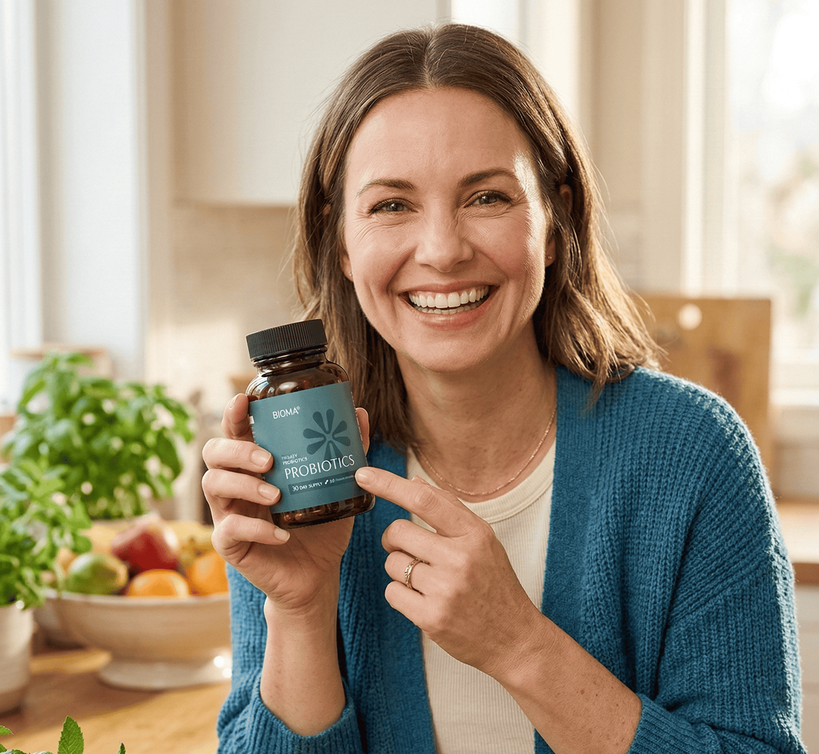 Woman holding Bioma probiotic supplement bottle for natural GLP-1 weight loss support