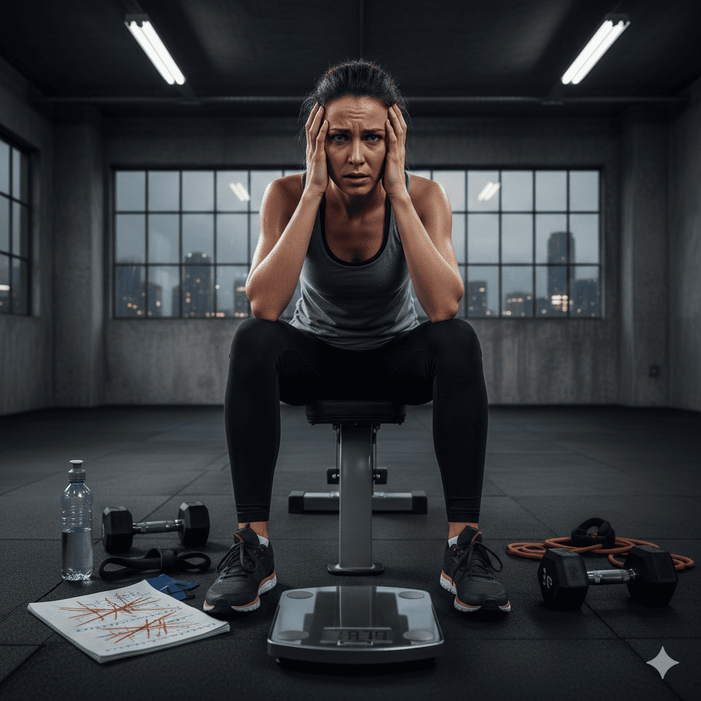 Woman looking tired and frustrated with fitness progress